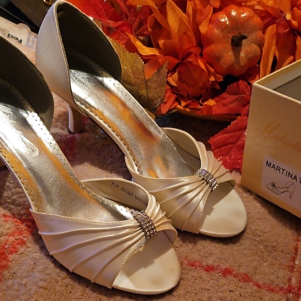 MARINA Cream Peep-Toe Heels with Rhinestone Accent